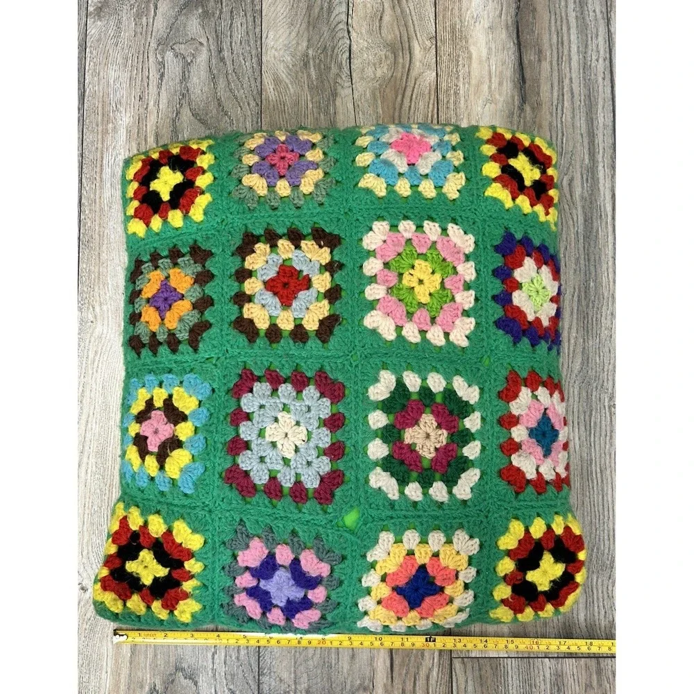 Vintage 2 Granny Square Crochet Throw Pillow & Case Rainbow Handmade Decorative